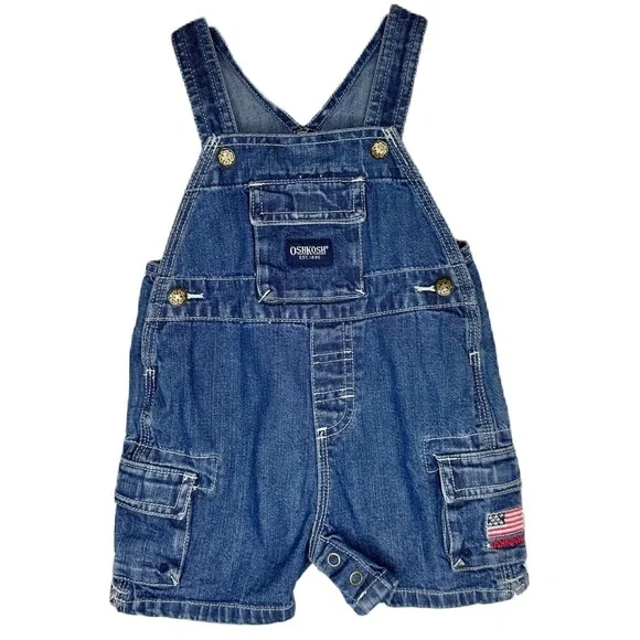 OshKosh Denim Short Overalls American Flag Snap Strap Baby Girl Boy 3 - 6 Month - Picture 1 of 7